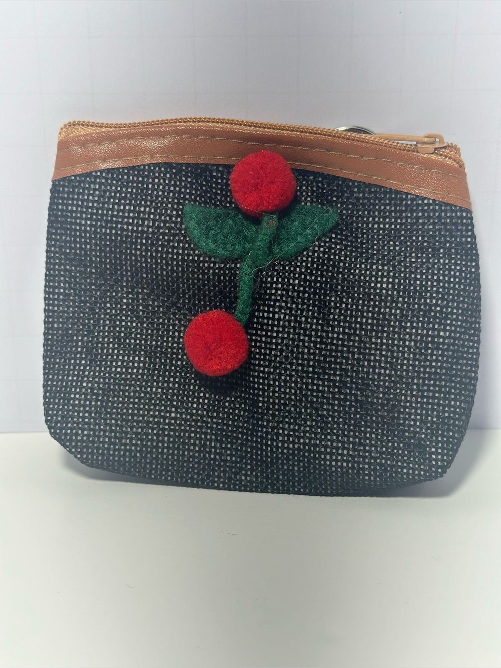 Black Woven Cherry Pouch with Brown Trim